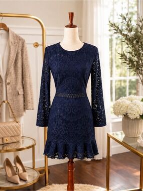 Two Sisters Navy Lace Open Back Dress | Bell Sleeve Cocktail Dress | Medium